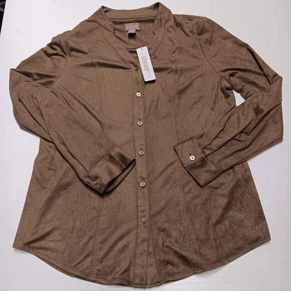 Chicos Brown Cotton Shirt, Lightweight, Button Front, Roll Tab Slv - Picture 1 of 5